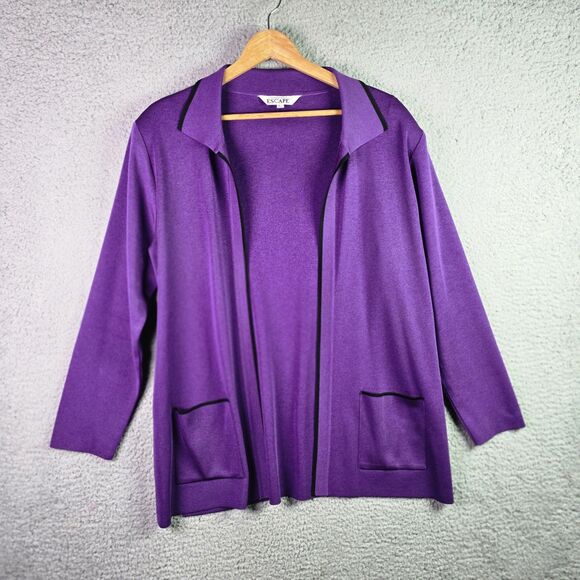 Howard Wolf Escape Cardigan L Purple VTG Open Front Collar Pocket Side Slit Pads - Picture 4 of 15